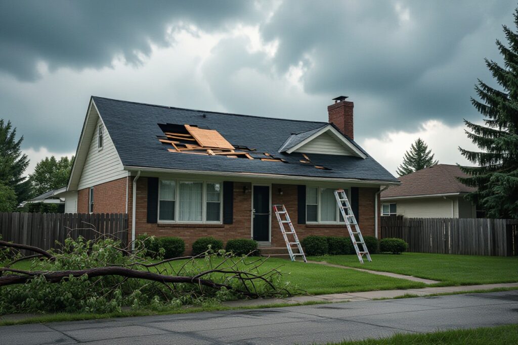 A single-story brick house with a partially damaged roof and a fallen tree branch in the front yard. Two ladders are propped against the house, and the sky is overcast. Roof needs repair
