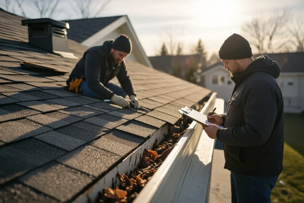 Two men are inspecting a house's roof and gutter, which is full of leaves. One man is on the roof, and the other is standing on a ladder.