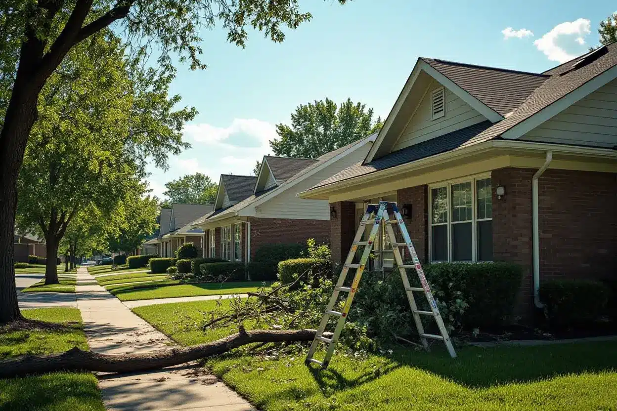 A downed tree branch lies on the lawn next to a house with a ladder propped against it. Roof needs repair.