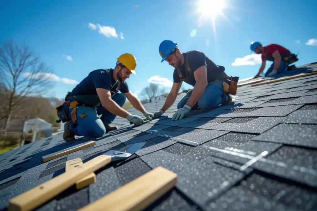 Roofers installing new shingles on a sunny day.