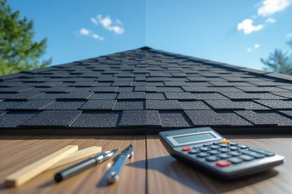Tools and calculator on a newly shingled roof.
