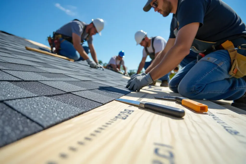 Roofers installing shingles on a roof, pitch roofing is evident
