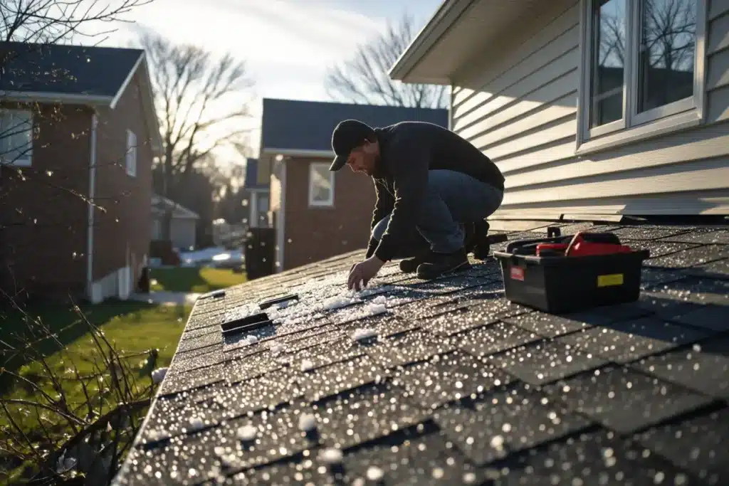 A roofer crouches on a residential roof, inspecting for damage after a hailstorm.