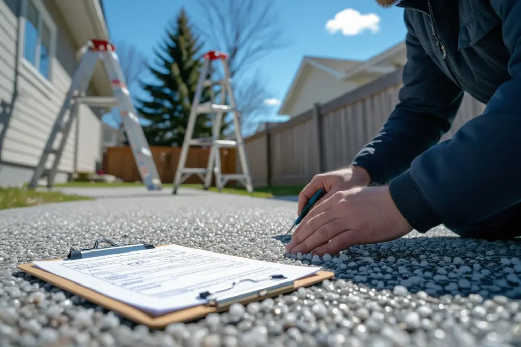 A man kneels down to inspect a pile of hailstones on a gravel driveway, with a clipboard and ladder in the background - a post-hailstorm roof inspection