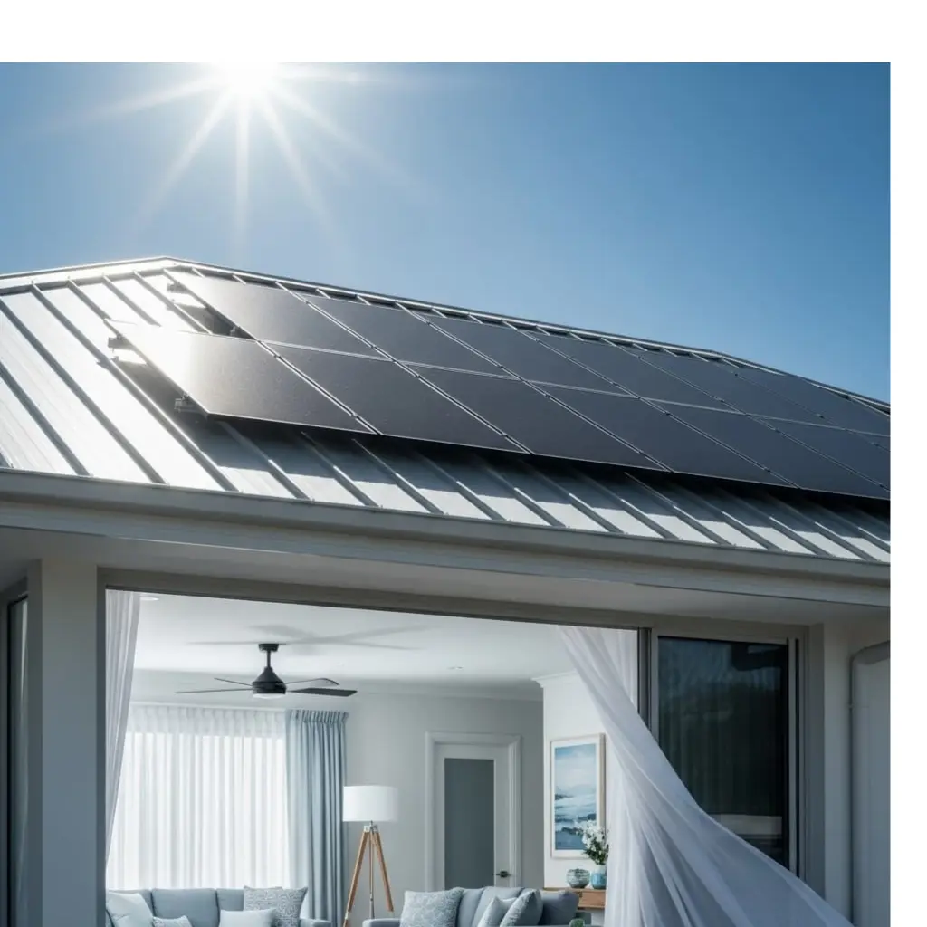Modern living room with open sliding doors, sheer curtains blowing in the breeze, and solar panels on a sleek metal roof under bright sunlight.