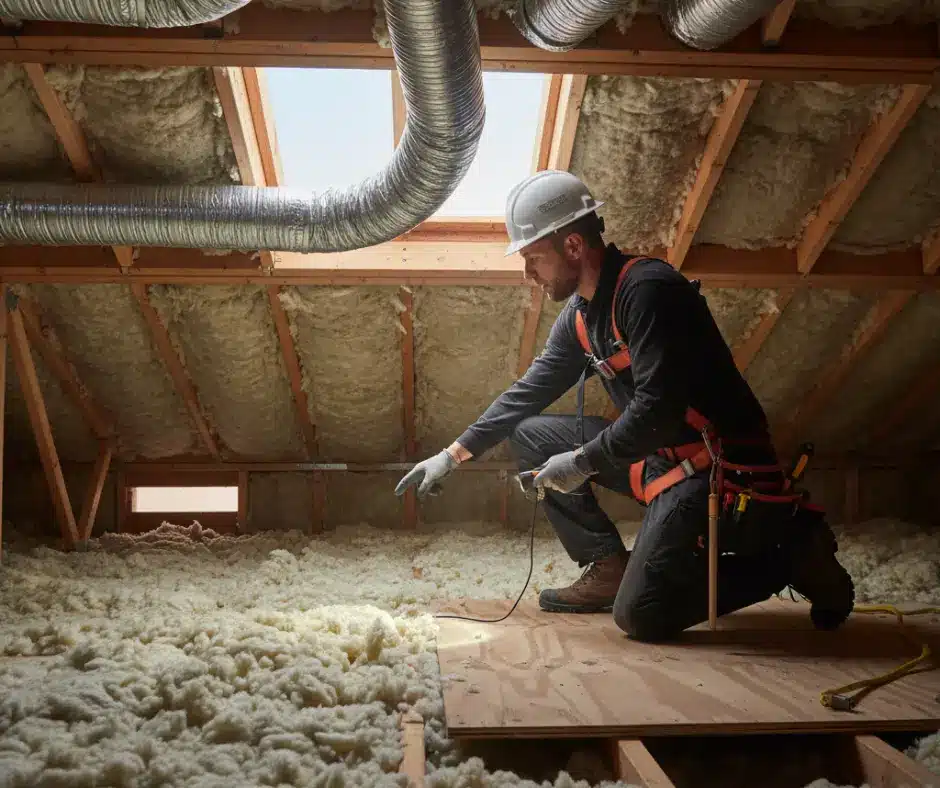 A worker in safety gear inspects attic insulation and ductwork under a pitched roof, surrounded by thick layers of fiberglass insulation.