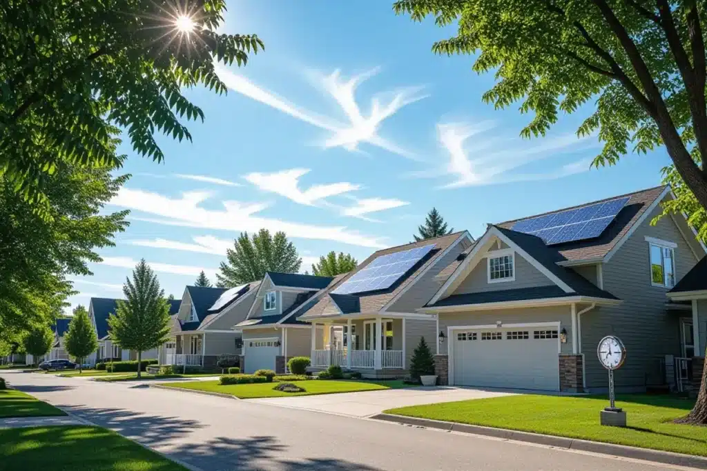 Row of suburban houses with solar panels and lighter shingle colors on their roofs under a bright, sunny sky.