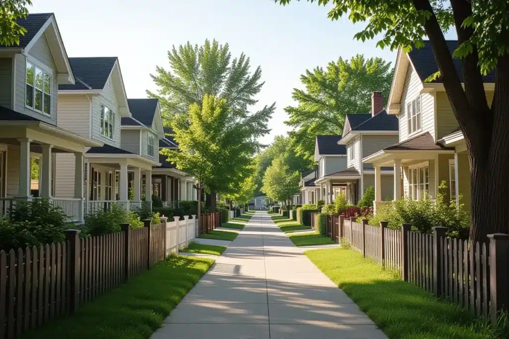 Sidewalk between two rows of suburban houses with green lawns and trees.