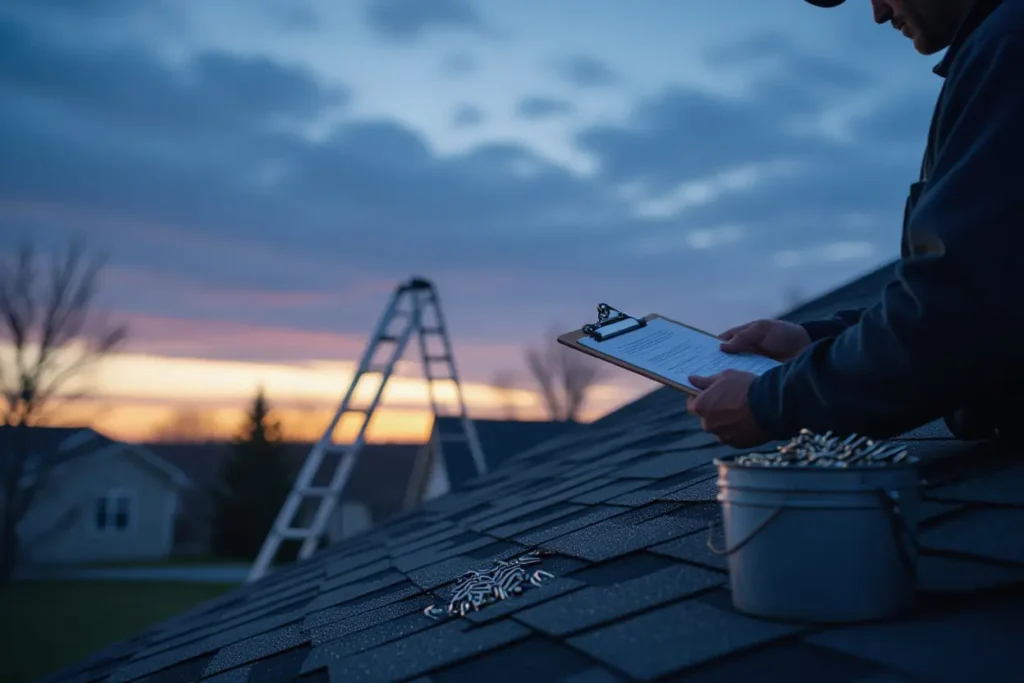 A person conducting a roof inspection at dusk, holding a clipboard while standing on a shingle roof with tools and a ladder nearby. A step in preparing your roof for fall.