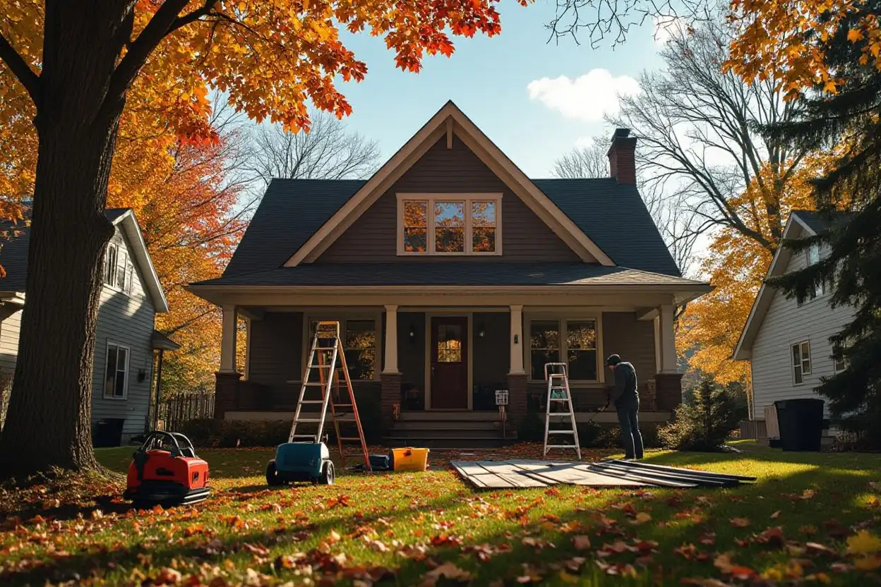 Two ladders and roofing equipment on the lawn of a house surrounded by colorful autumn trees, with a worker preparing your roof for fall