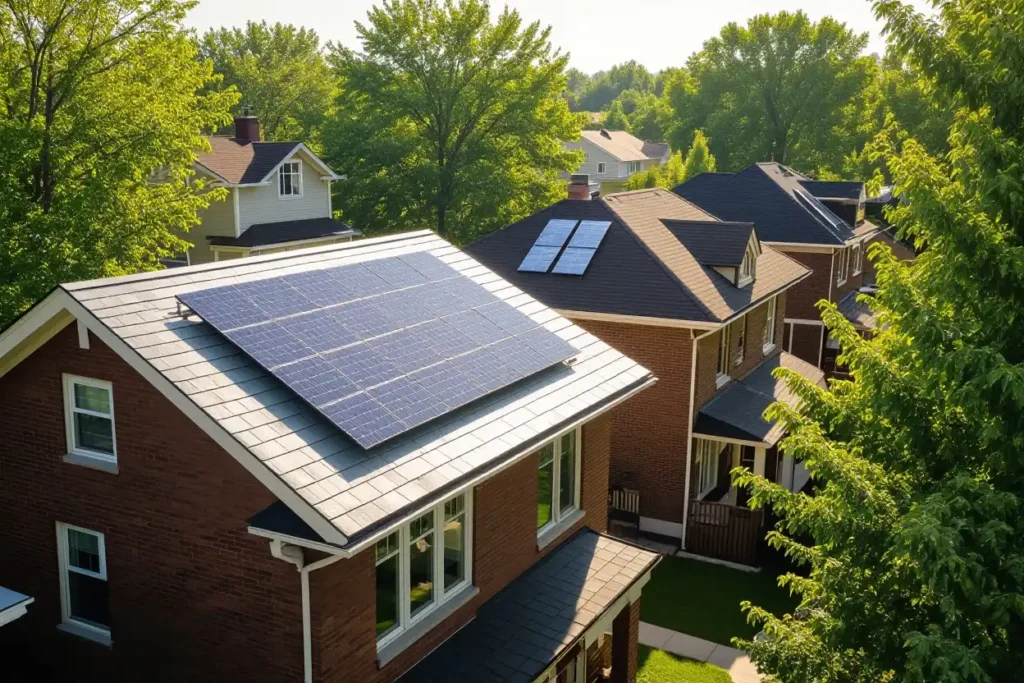Brick house with solar panels on the roof, surrounded by trees and neighboring homes.