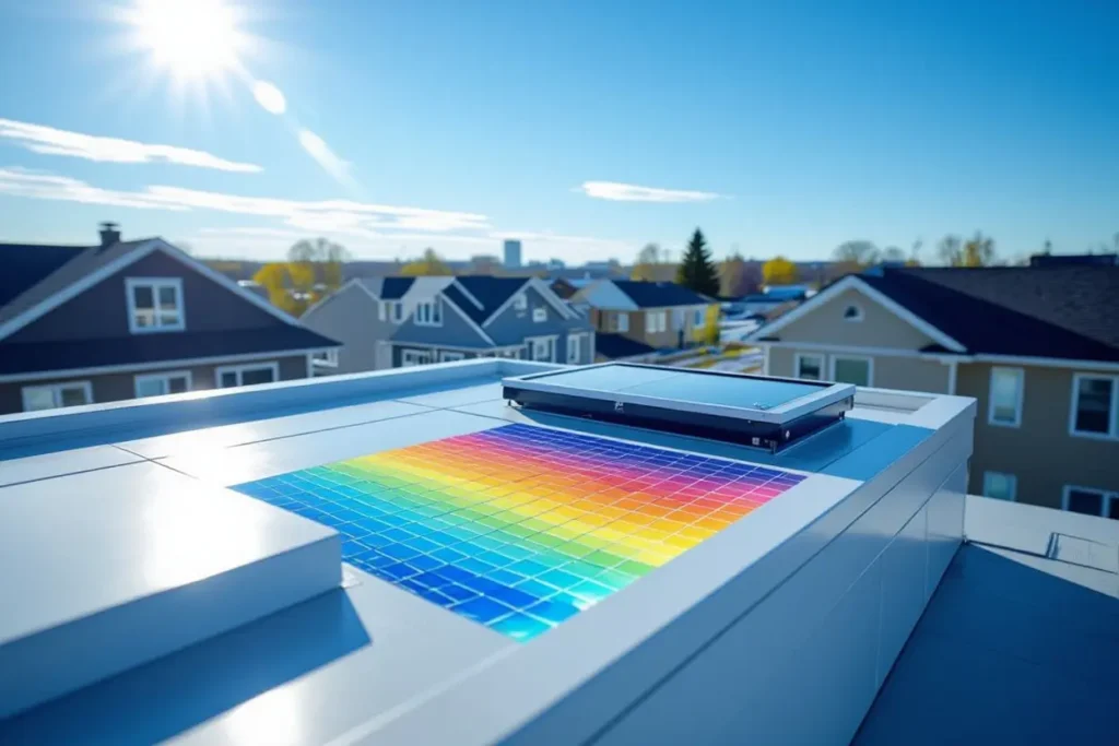 Rooftop with solar panels and colorful tiles under bright sun in a suburban neighborhood-new roof keeps home cooler during summer.