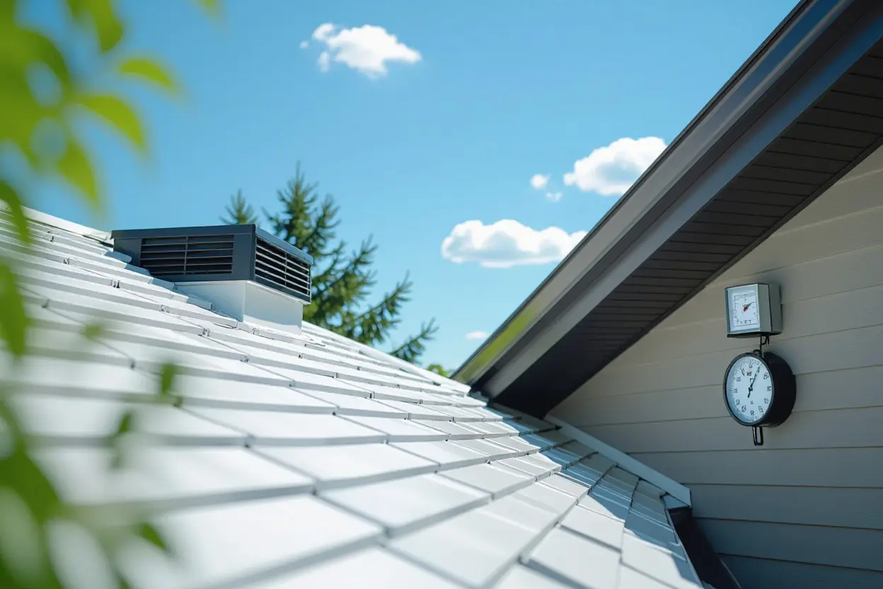 A new white metal roof with a vent and outdoor gauges against a blue sky and trees. Proof that new roof keeps home cooler.