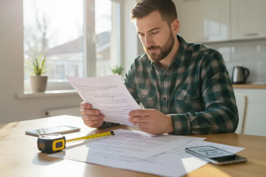Roof financing faqs: Man checking roof financing documents with tape measure and phone nearby.