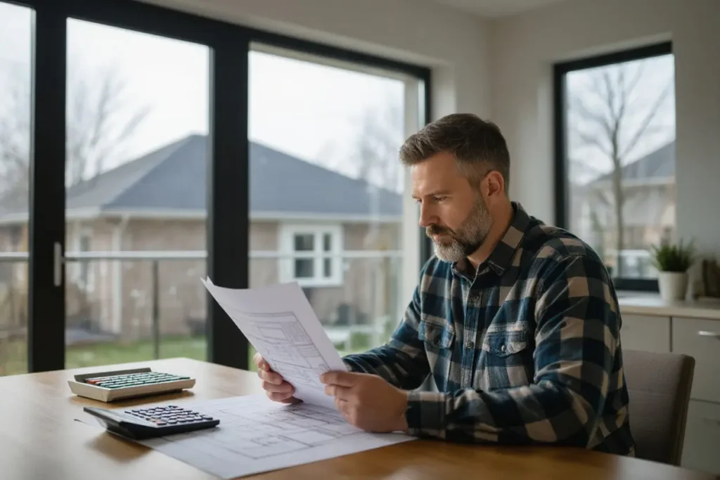 Man reviewing house plans indoors with calculator on table.