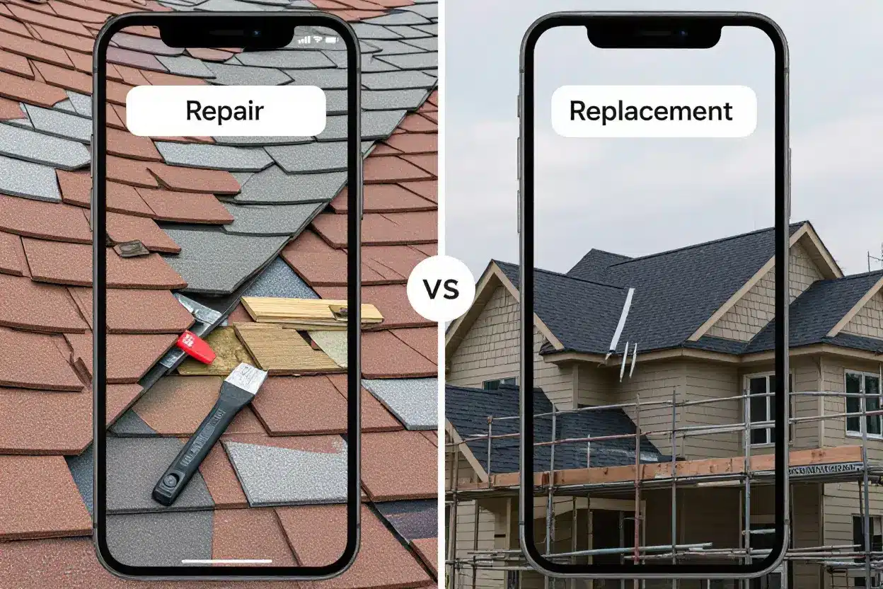 Split image showing “Repair” with roofing tools on shingles, and “Replacement” with scaffolding around a house’s roof. Roof repair vs roof replacement