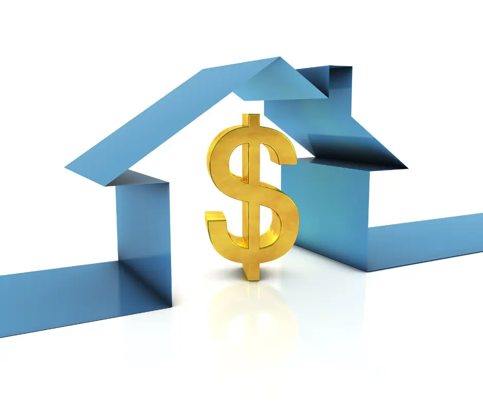 Blue house outline with a large gold dollar sign in the center, representing home financing needs.
