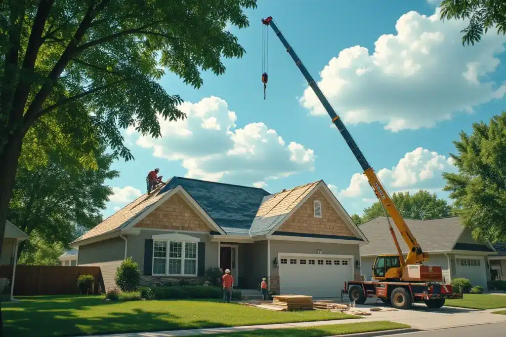 A roofing crew works on roof replacement in Summer of a suburban home, with a crane on the lawn.