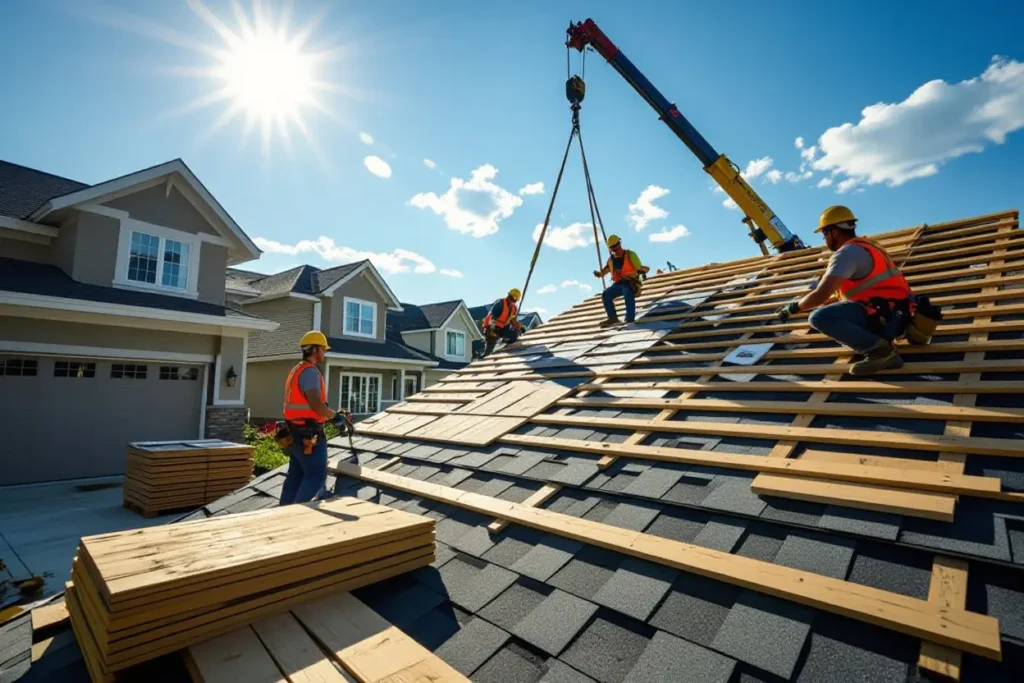 Roofers installing new shingles and wooden slats on a residential roof on a sunny day.
