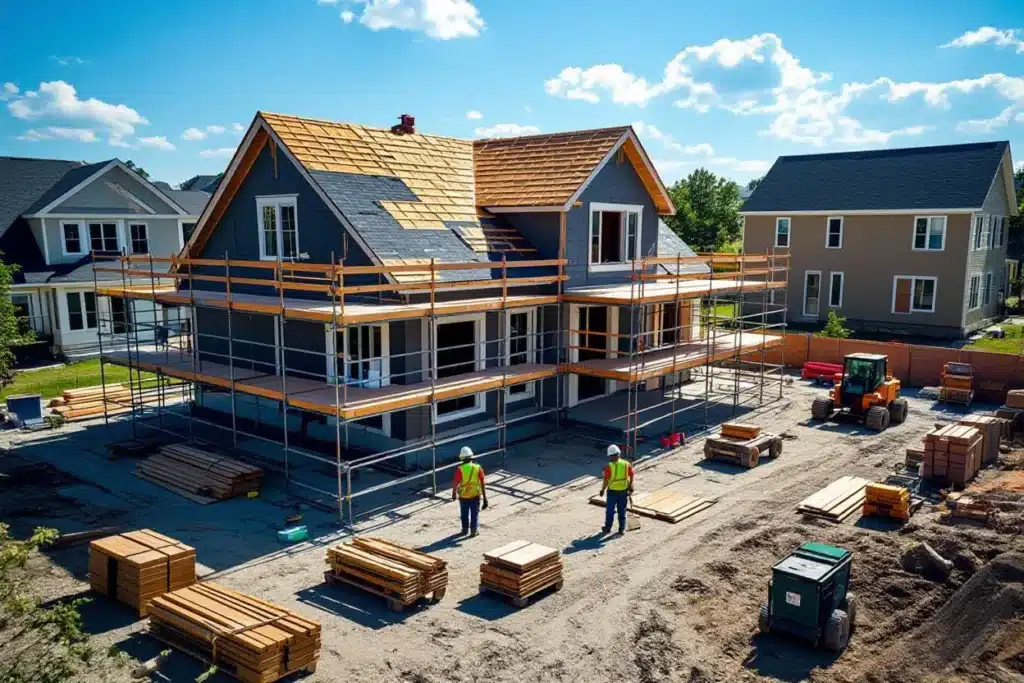 A house under construction with scaffolding and a partially installed roof.