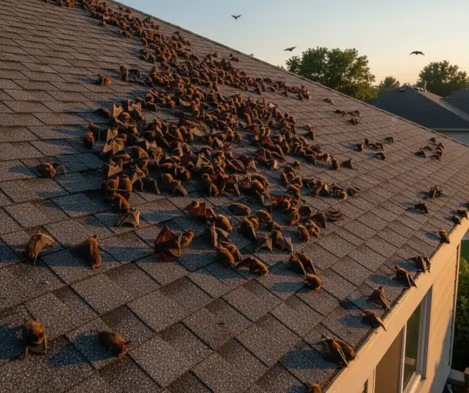 A large group of bats scattered across the surface of a shingled house roof. An example of pest in the roof