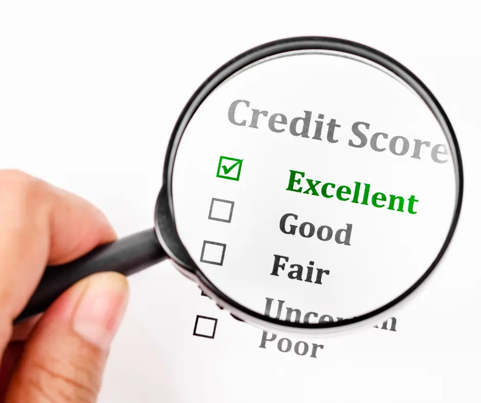 A magnifying glass highlighting "Excellent" as a credit score which can affect roof loan rate