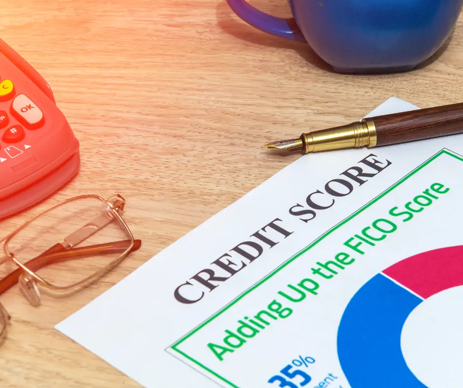 A credit score chart on a desk with a pen, calculator, and glasses.