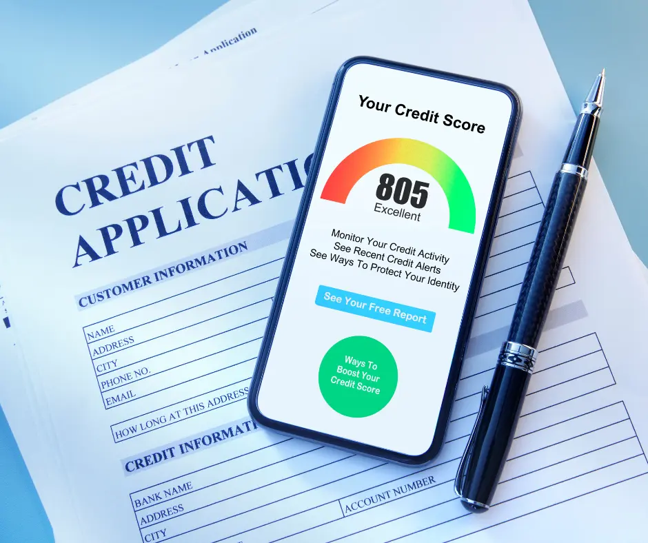 A phone displaying a credit score of 805 as "Excellent" on top of a credit application form. This can greatly impact a roof loan rate