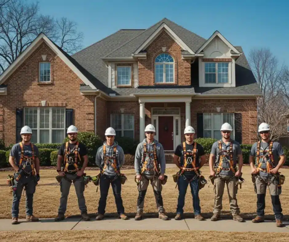 Professional roofing crew of seven workers in safety gear and hard hats standing in front of a brick residential home