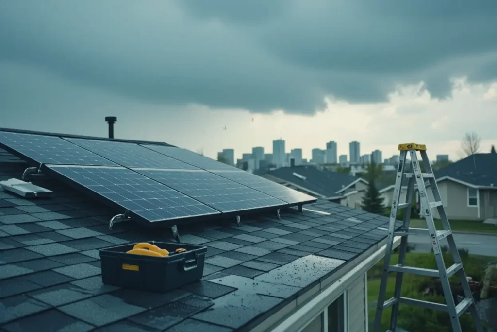 Solar panels installed on a wet shingled roof in a Winnipeg neighborhood with storm clouds overhead and city skyline in the background.