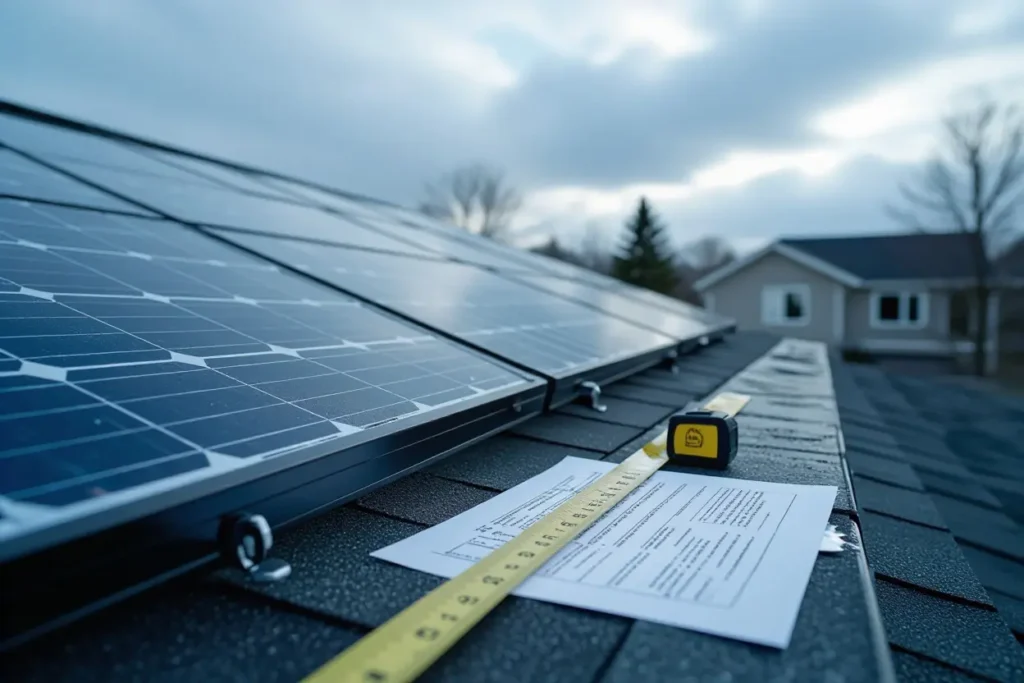 Close-up of solar panels on a Winnipeg roof with a measuring tape and project paperwork placed on the shingles.