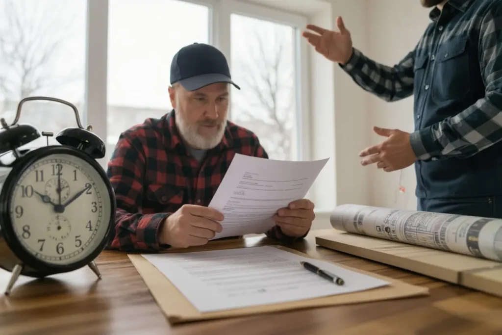 Homeowner examining a contract agreement for roofing with large clock on table