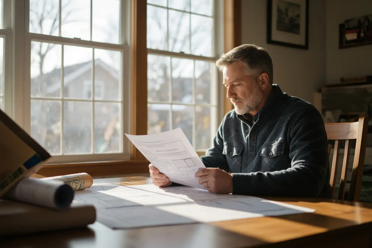 Man reviewing contract agreement for roofing papers at home