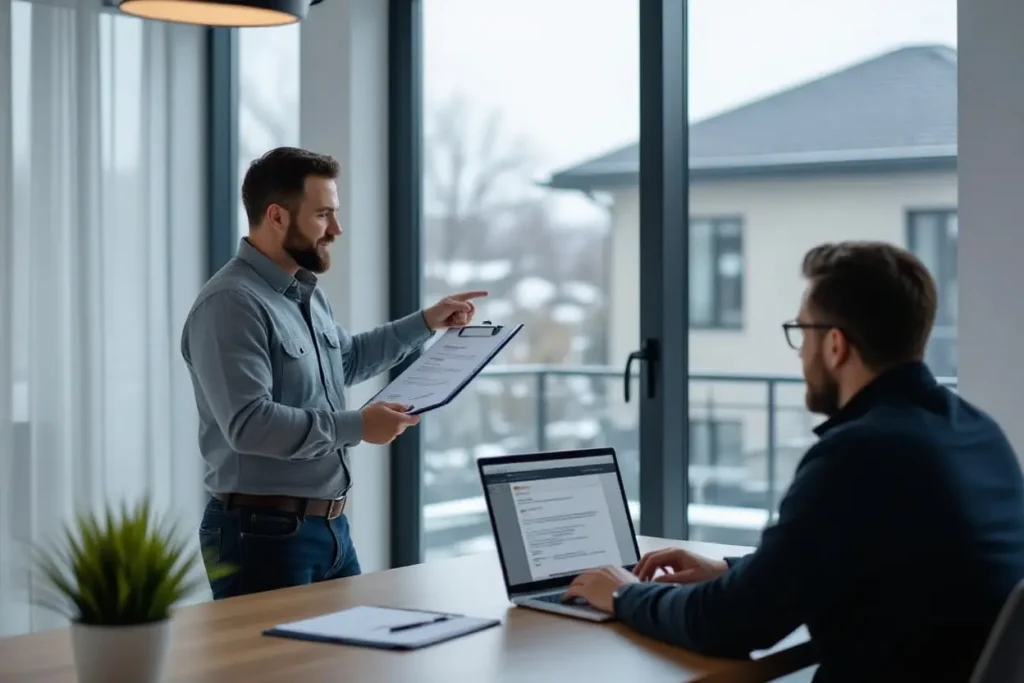 Professional discussing roofing contract details in office