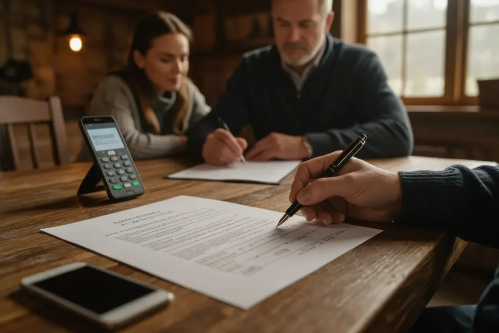 Couple signing roofing contract at wooden table