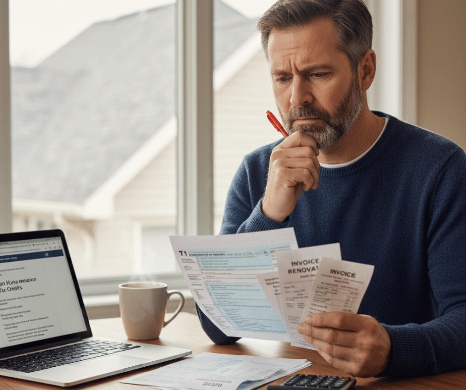 Can You Claim Roof Replacement on Taxes Canada? Yes. This man is reviewing documents at a table because he's applying for one. 