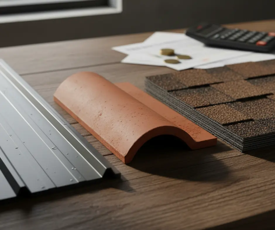 Various roofing materials on wooden table. Critical if deciding to apply for financing a metal roof or tile roof.