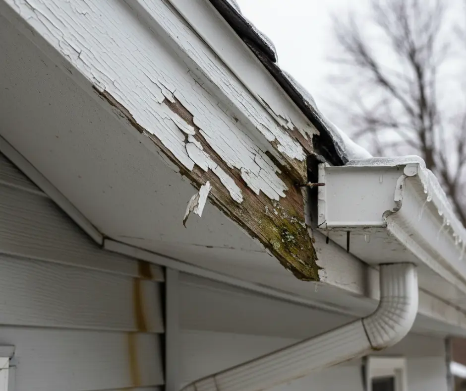Damaged fascia board with peeling paint