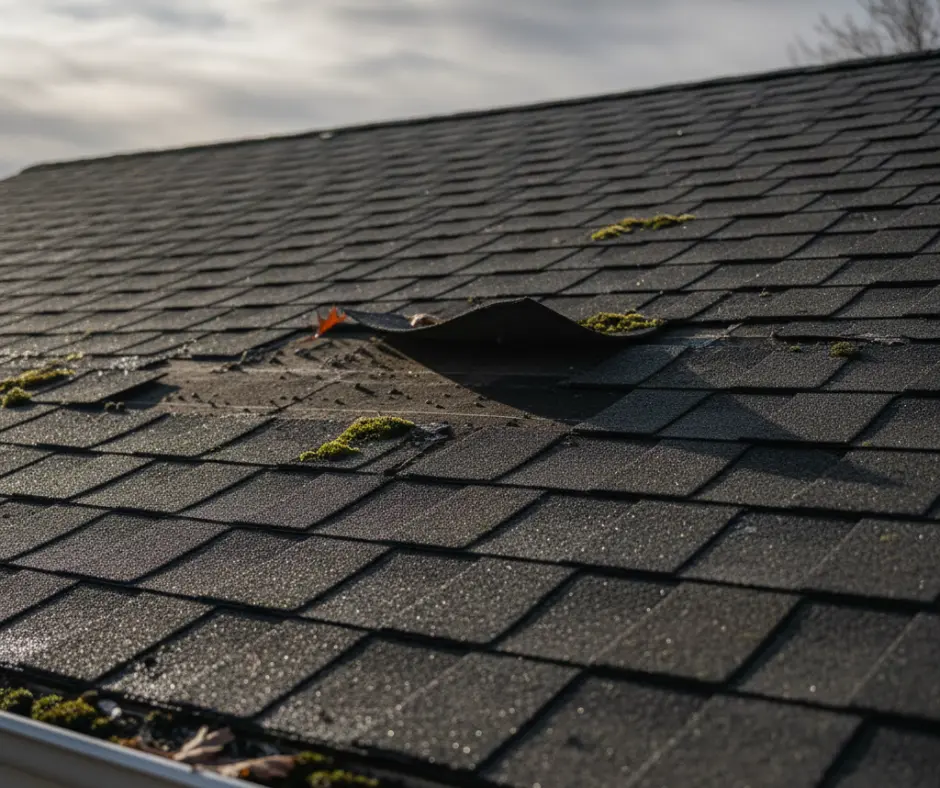 A detailed shot of a roof with some worn or missing shingles, highlighting potential areas for repair.