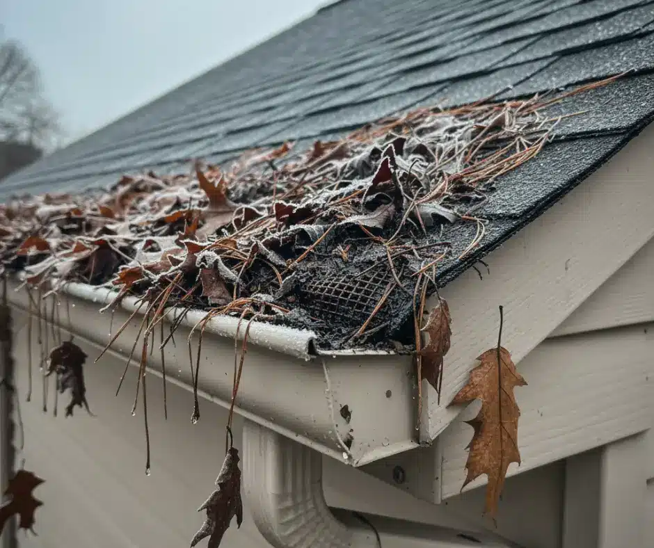 A close-up of a clogged gutter filled with leaves and debris, emphasizing the need for cleaning before winter, part of winter roof checklist