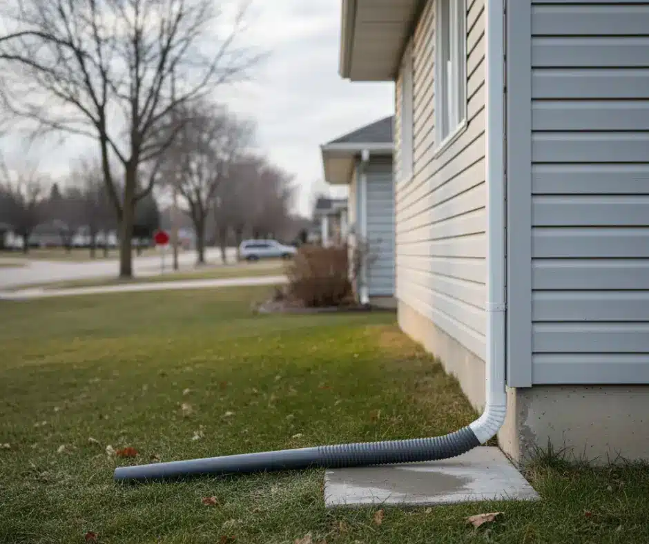 A shot of a properly installed downspout leading water away from the foundation, showcasing good water drainage.