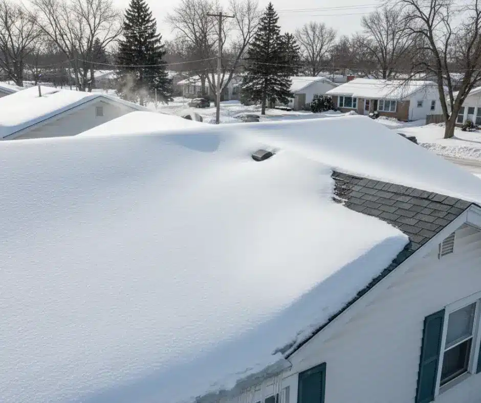A slightly elevated view of a roof covered in a significant, heavy layer of snow, with a subtle but noticeable dip or sag in the roofline, indicating snow-load stress. This call for winter roof emergency.