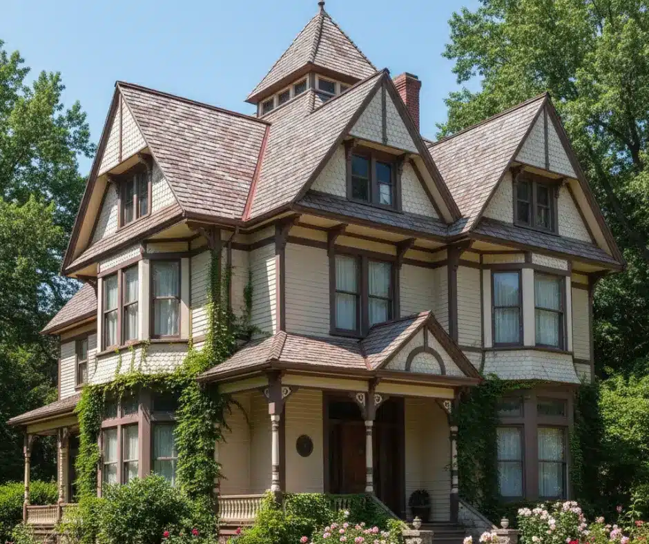 Victorian-style house with lush greenery