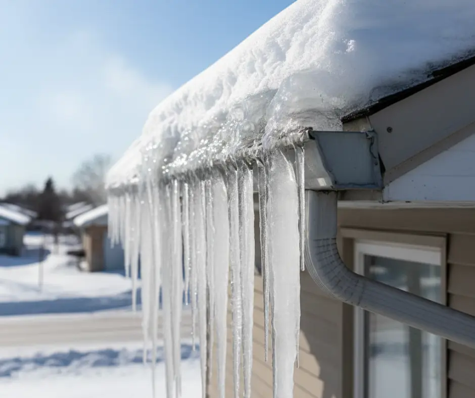 A thick ice dam forming along the edge of a snowy roof, with large, impressive icicles hanging from the eavestrough.