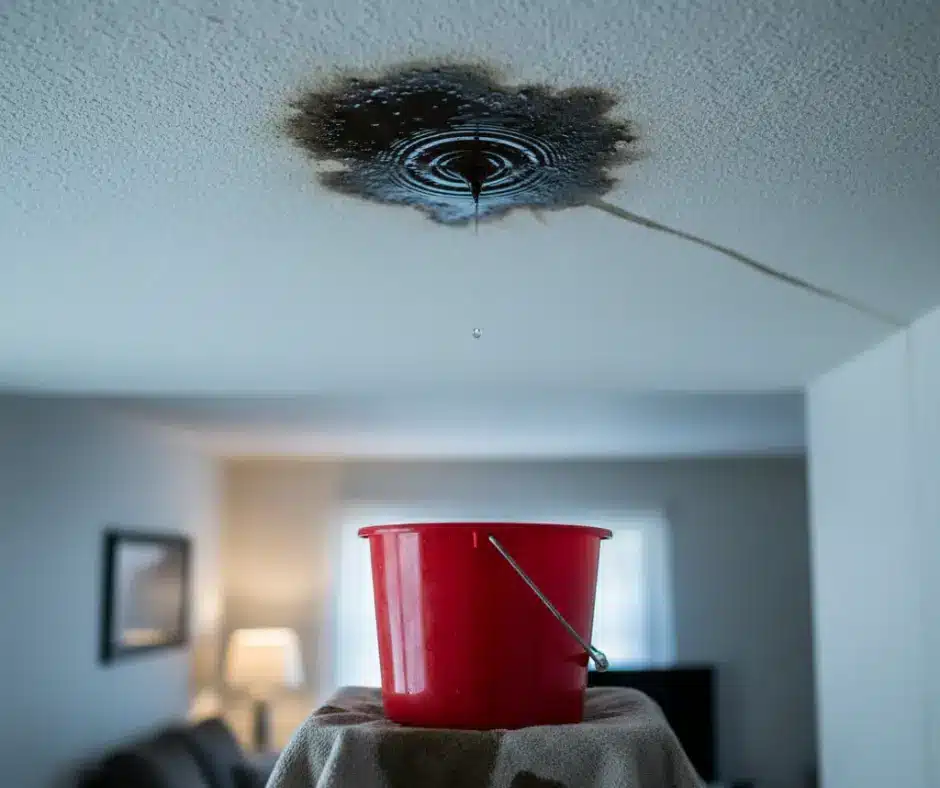 A close-up shot of a dark, spreading water stain on a white ceiling, with a slight ripple effect, suggesting moisture. A clear sign of winter roof emergency. 
