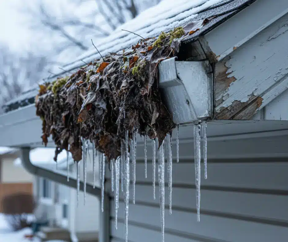 Clogged Gutter filled with leaves and ice