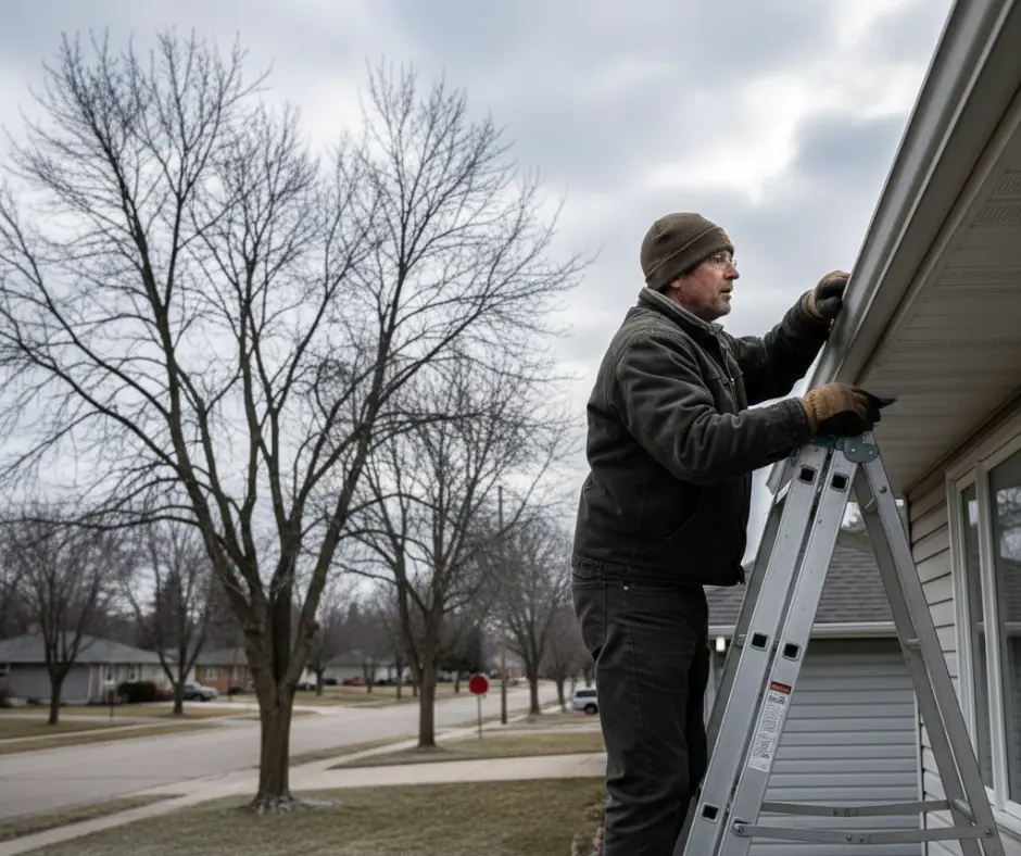 A man inspecting their roof from a ladder, with bare trees in the background hinting at the approaching winter. A part of winter roof checklist