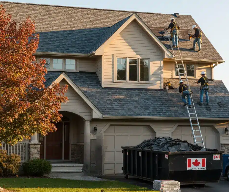 Roofers replacing roof shingles on house reveals Can You Claim Roof Replacement on Taxes Canada