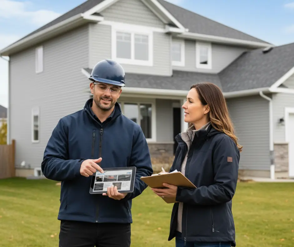 Homeowner discussing roofing quotes outdoors.