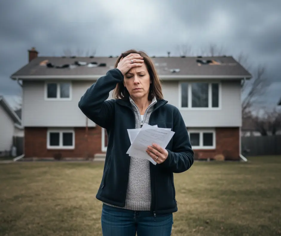Concerned homeowner holding roof quotes.